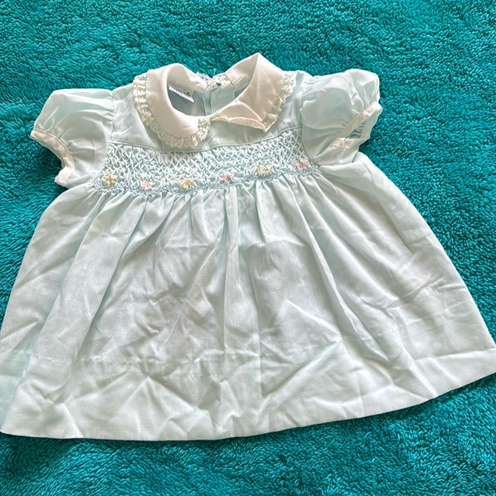 Polly Flinders Vintage Baby Handsmocked Dress Short Sleeve Lace Size Blue 18M